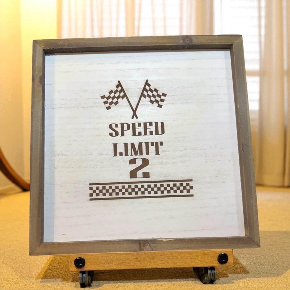 12x12 Wooden Framed “Speed Limit 2” Engraved Sign for 2nd Birthday Racing Theme